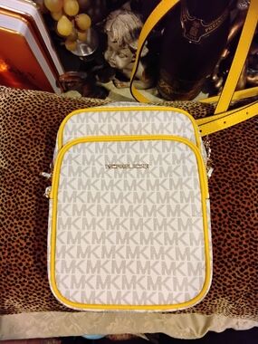 Michael Kors White & Yellow MK Logo Crossbody Bag